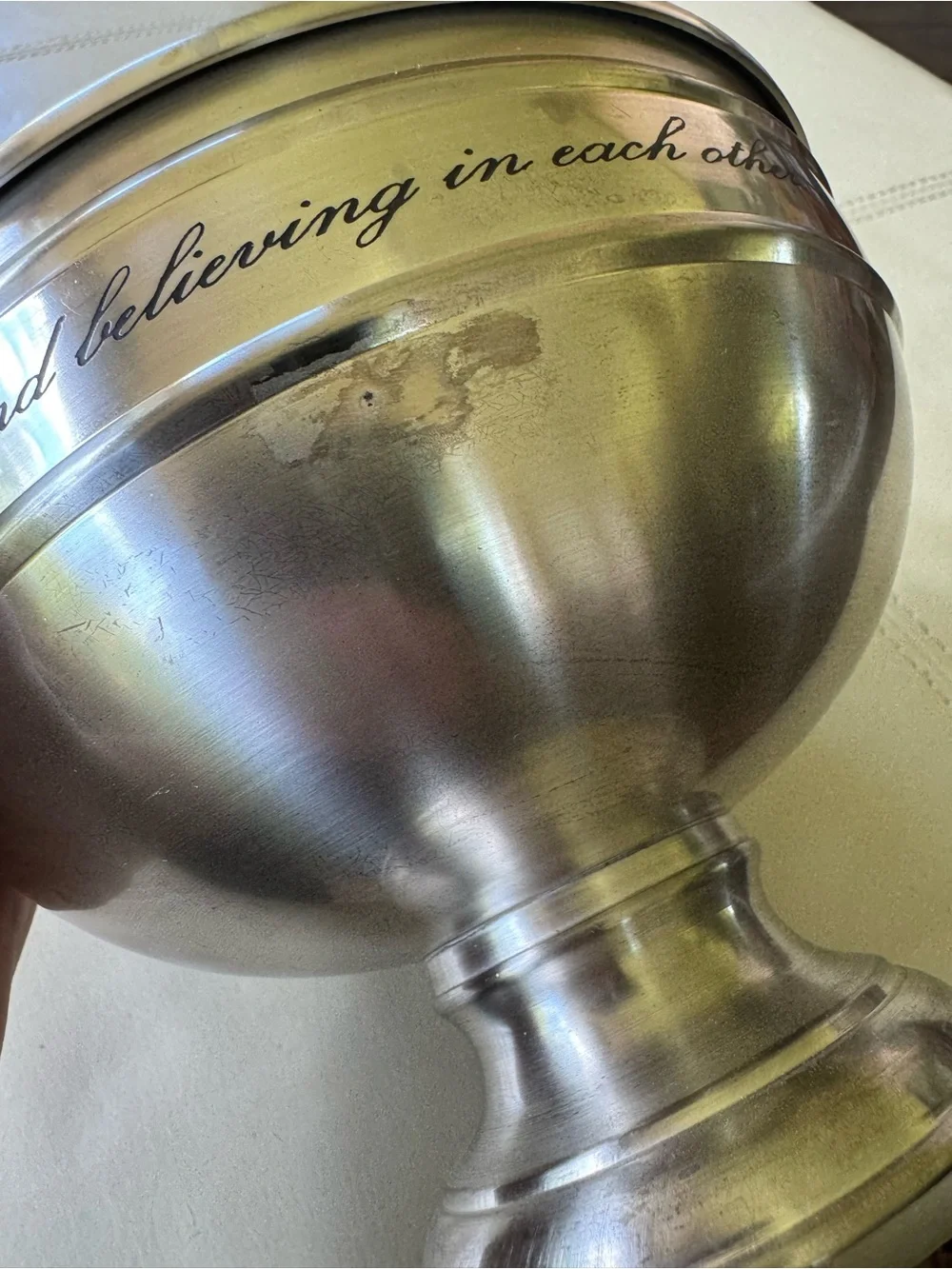 Pottery Barn Silver Pedestal Bowl with Family Script Accent